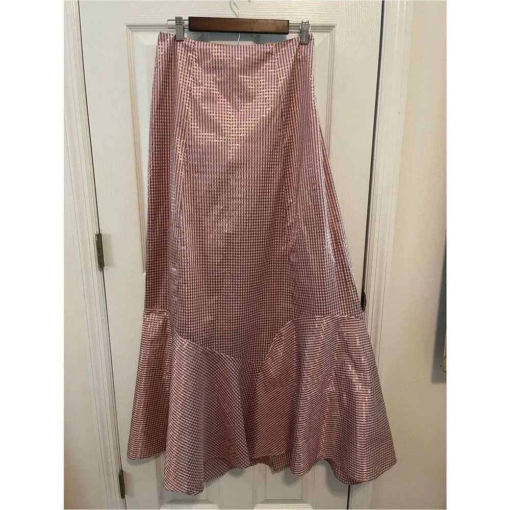 Brøgger Metallic Gingham Midi Skirt Designer Hem Pink M
